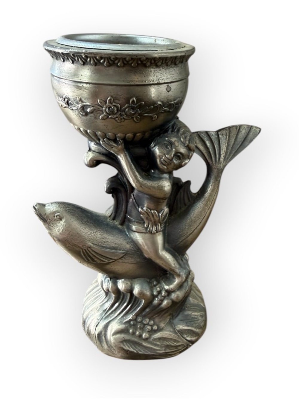 Vintage Mermaid & Dolphin Decorative Vase Holder - Silver Finish